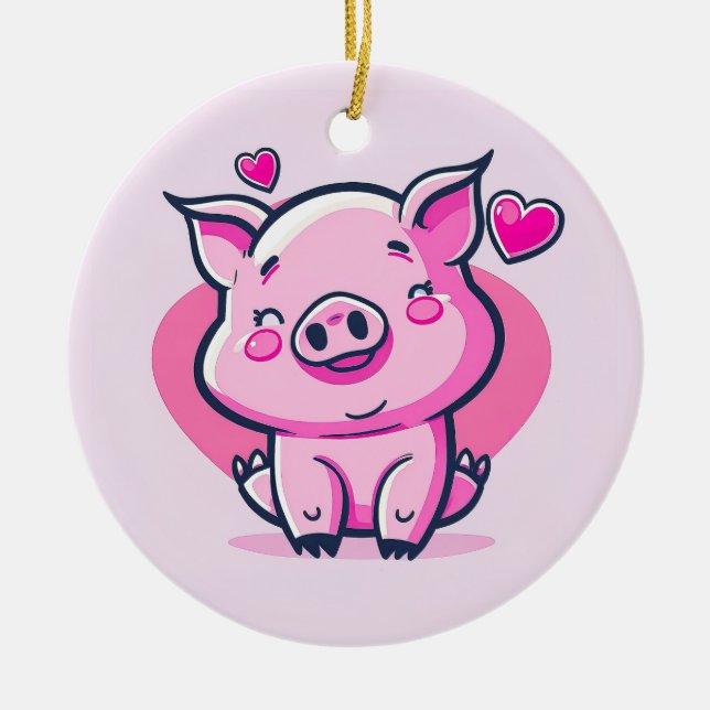 Cute Happy Pink Pig Hearts Valentine Inspired | Ceramic Ornament (Front)