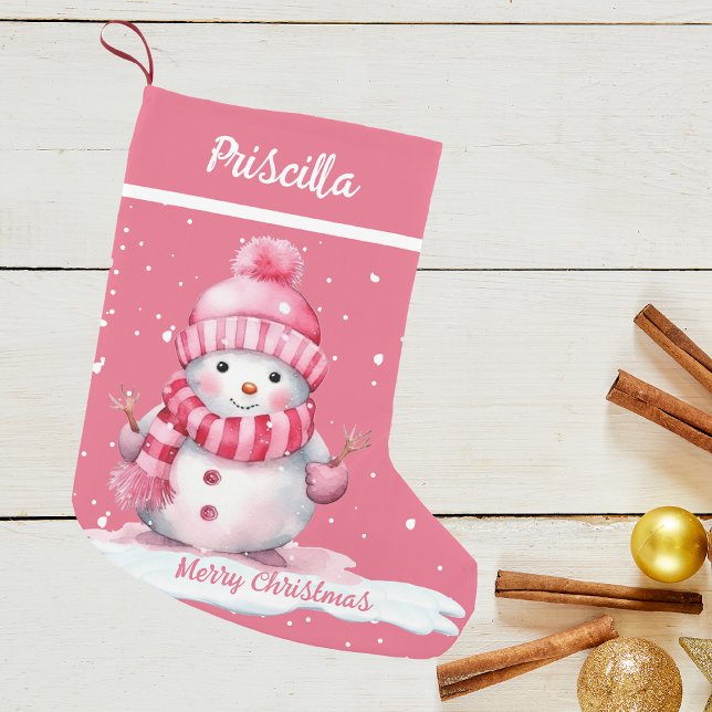 Cute Happy Pink Snow Merry Christmas Small Christmas Stocking (Creator Uploaded)