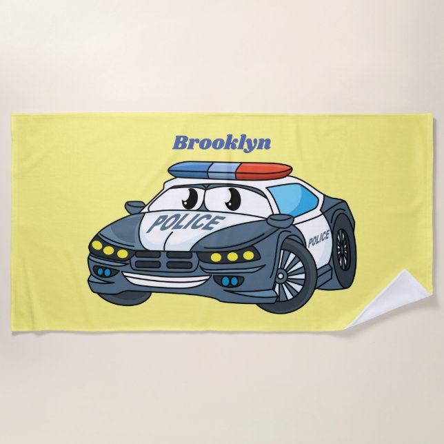 Cute happy police car cartoon illustration beach towel (Front)