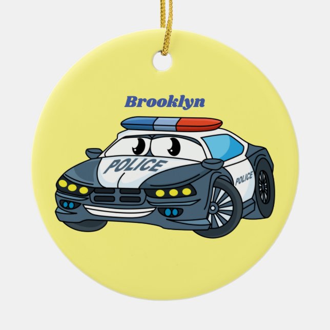 Cute happy police car cartoon illustration ceramic ornament (Front)