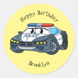 Cute happy police car cartoon illustration classic round sticker