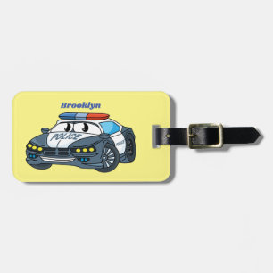 Cute happy police car cartoon illustration luggage tag