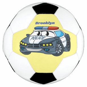 Cute happy police car cartoon illustration soccer ball