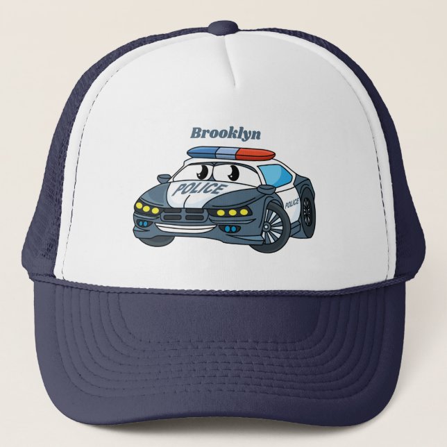 Cute happy police car cartoon illustration trucker hat (Front)