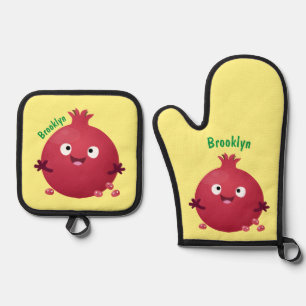 Cute happy pomegranate fruit cartoon oven mitt & pot holder set