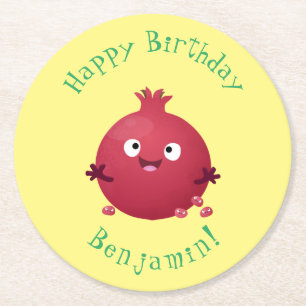Cute happy pomegranate fruit cartoon round paper coaster