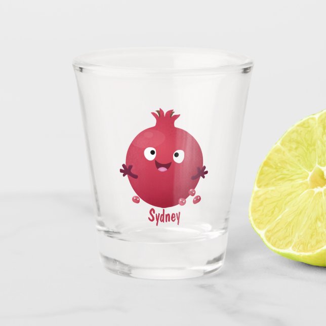 Cute happy pomegranate fruit cartoon shot glass (Front)