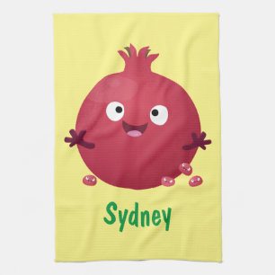 Cute happy pomegranate fruit cartoon tea towel