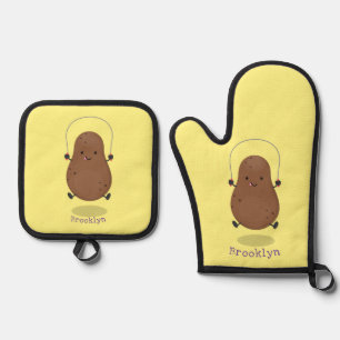 Cute happy potato jumping rope cartoon oven mitt & pot holder set