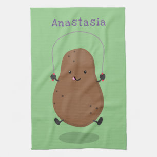 Cute happy potato jumping rope cartoon tea towel
