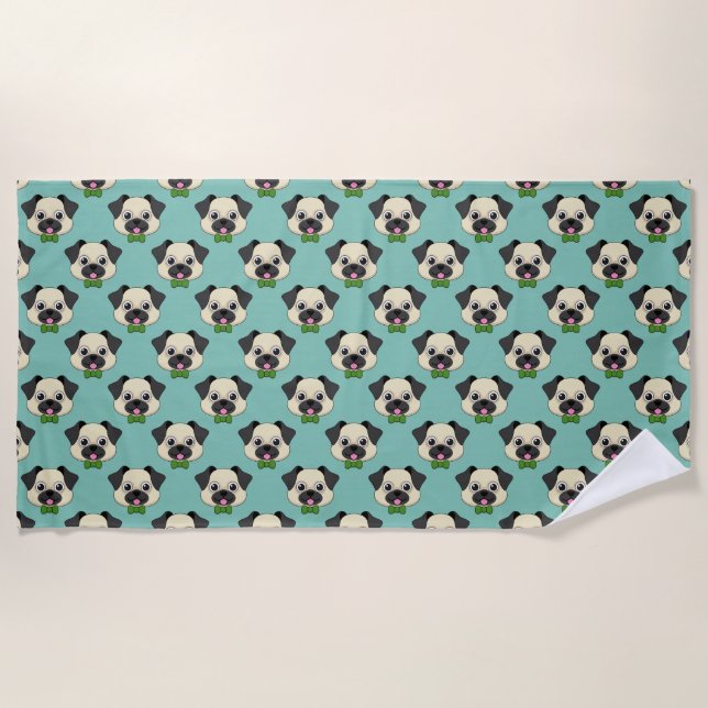  Cute Happy Pug Dog with Papillon Beach Towel (Front)