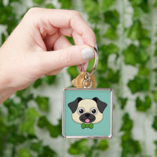 Cute Happy Pug Dog with Papillon Key Ring