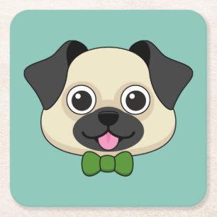Cute Happy Pug Dog with Papillon Square Paper Coaster