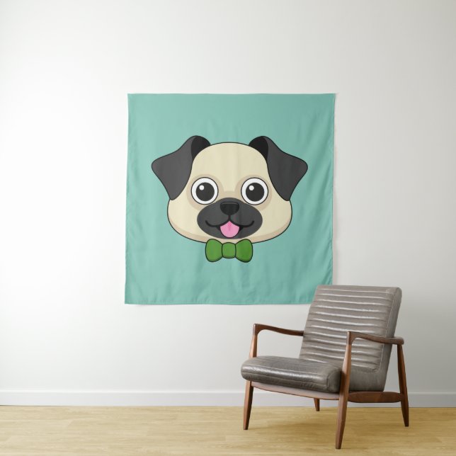 Cute Happy Pug Dog with Papillon Tapestry (In Situ)