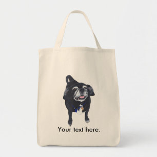 Cute Happy Pug Dog Your Text Tote Bags