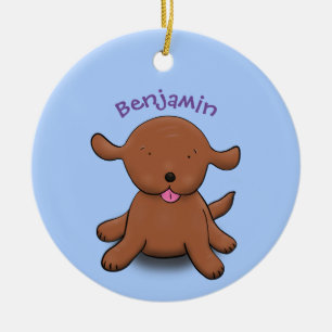 Cute happy puppy dog blue cartoon illustration ceramic ornament