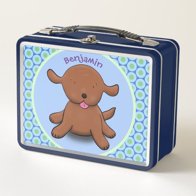 Cute happy puppy dog blue cartoon illustration metal lunch box (Front)