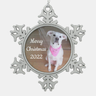 Cute Happy Puppy Dog Wearing Pink Scarf Snowflake Pewter Christmas Ornament