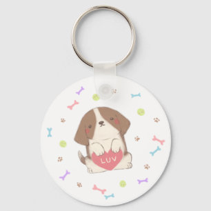 Cute Happy Puppy with LUV Illustration Key Ring