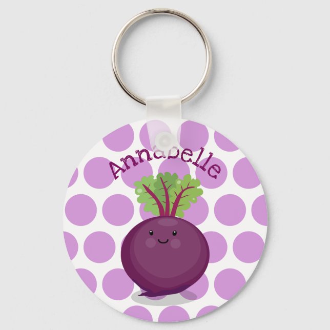 Cute happy purple beet cartoon illustration key ring (Front)
