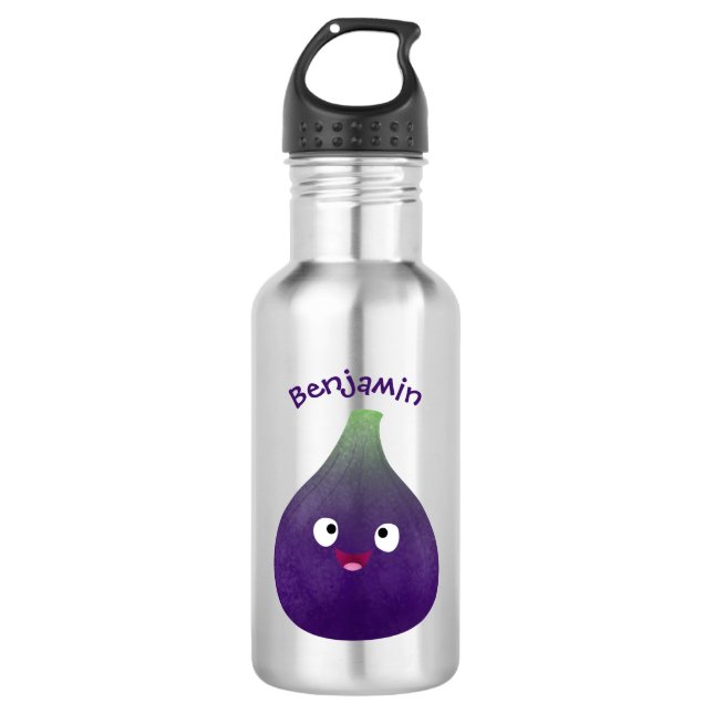 Cute happy purple fig fruit cartoon  532 ml water bottle (Front)