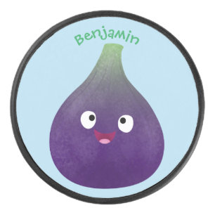 Cute happy purple fig fruit cartoon hockey puck