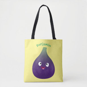 Cute happy purple fig fruit cartoon tote bag