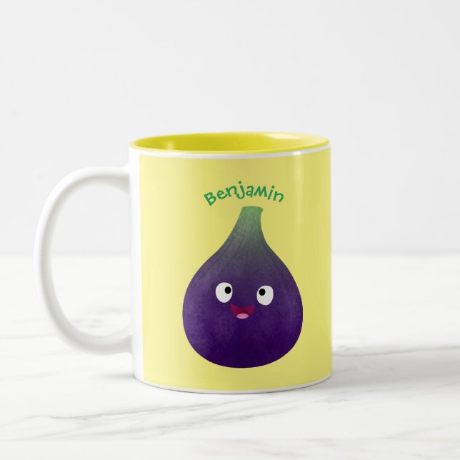 Cute happy purple fig fruit cartoon  Two-Tone coffee mug (Left)