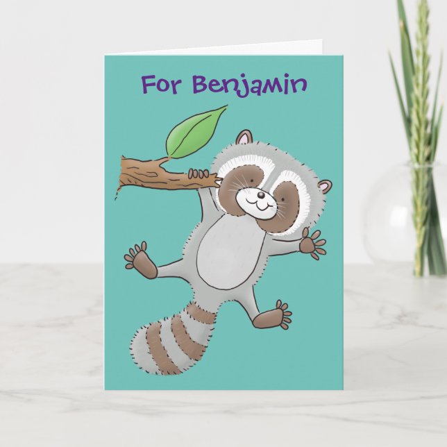 Cute happy racoon baby cartoon illustration card (Front)