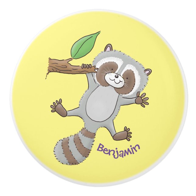 Cute happy racoon baby cartoon illustration ceramic knob (Front)