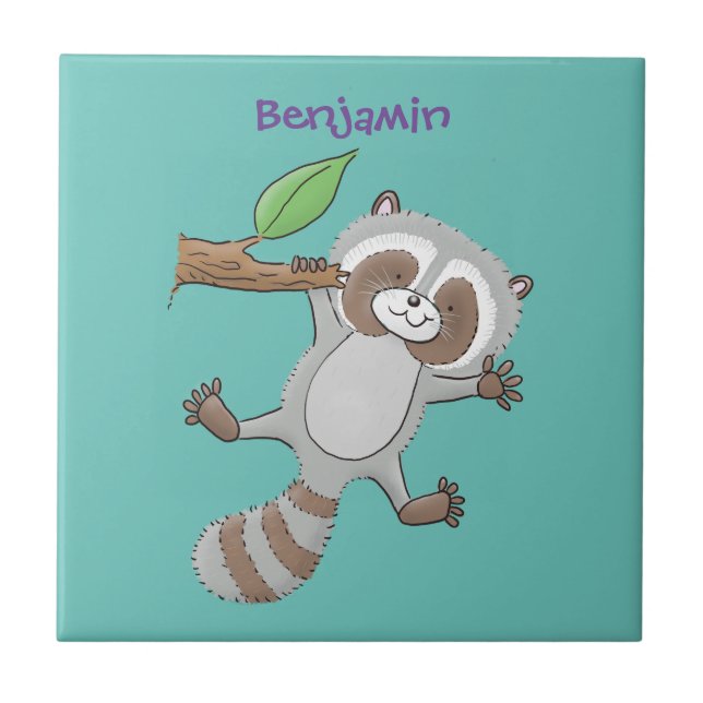 Cute happy racoon baby cartoon illustration ceramic tile (Front)