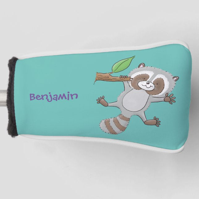 Cute happy racoon baby cartoon illustration golf head cover (Front)