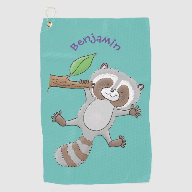 Cute happy racoon baby cartoon illustration  golf towel (Front)