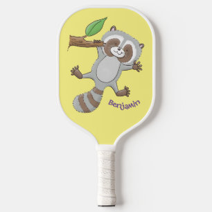 Cute happy racoon baby cartoon illustration  pickleball paddle