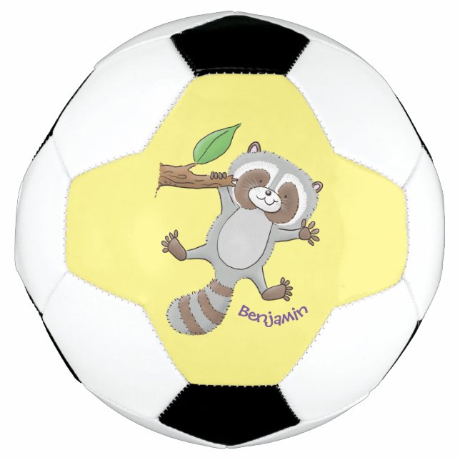 Cute happy racoon baby cartoon illustration soccer ball (Front)