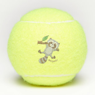 Cute happy racoon baby cartoon illustration tennis balls