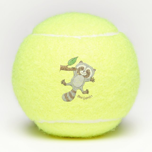 Cute happy racoon baby cartoon illustration tennis balls (Front)