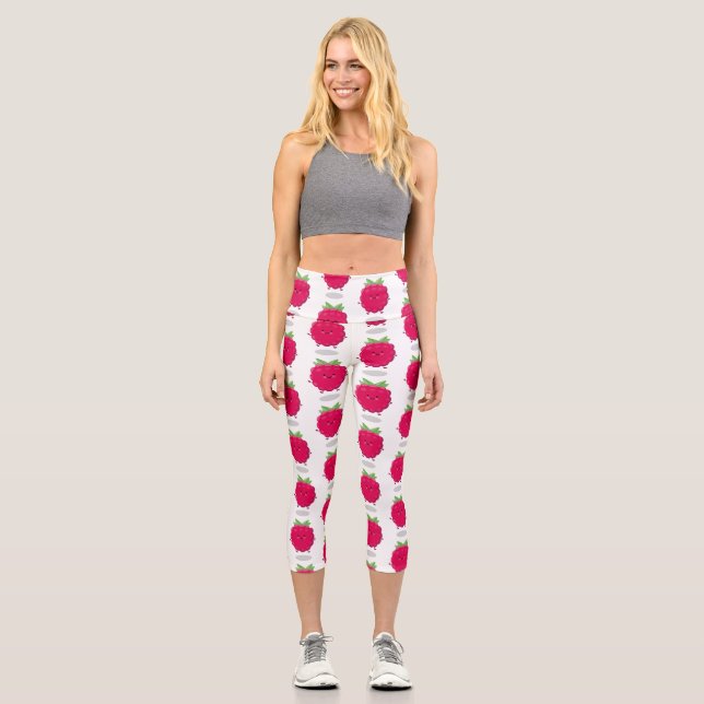 Cute happy raspberry cartoon illustration capri leggings (Front)