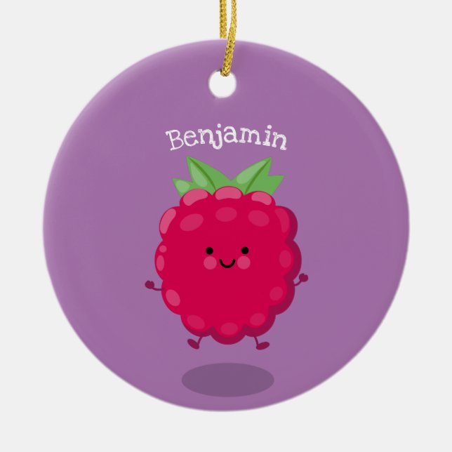 Cute happy raspberry cartoon illustration ceramic ornament (Front)