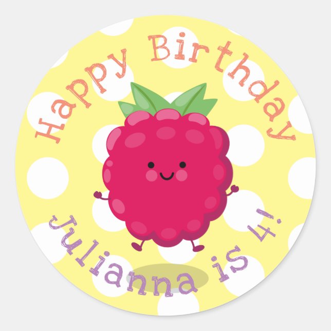 Cute happy raspberry cartoon illustration classic round sticker (Front)