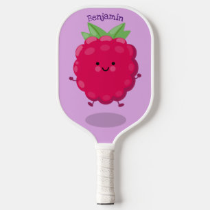 Cute happy raspberry cartoon illustration  pickleball paddle