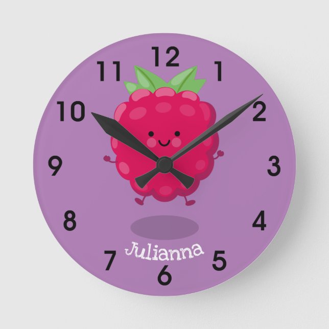 Cute happy raspberry cartoon illustration round clock (Front)