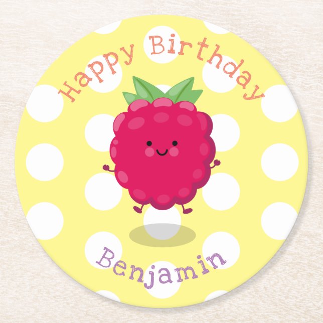 Cute happy raspberry cartoon illustration round paper coaster (Front)