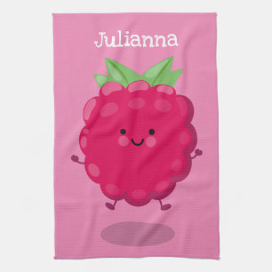 Cute happy raspberry cartoon illustration tea towel