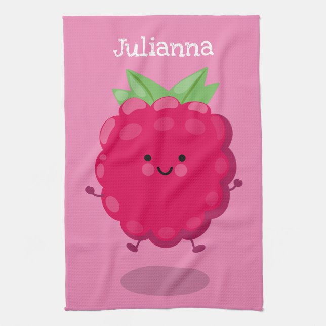 Cute happy raspberry cartoon illustration tea towel (Vertical)
