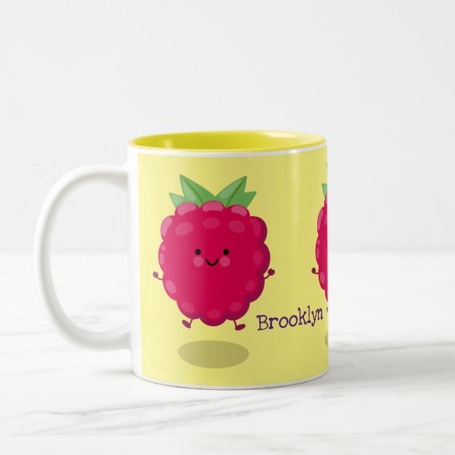Cute happy raspberry cartoon illustration Two-Tone coffee mug (Left)