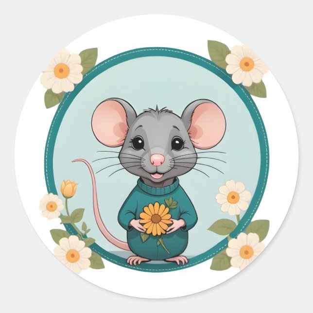 Cute Happy Ratty with Flowers Sticker (Front)