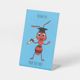 Cute happy red ant cartoon  pedestal sign