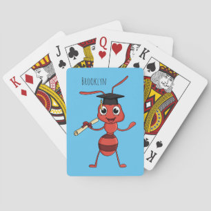 Cute happy red ant cartoon playing cards