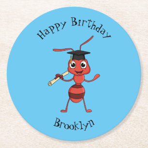 Cute happy red ant cartoon round paper coaster
